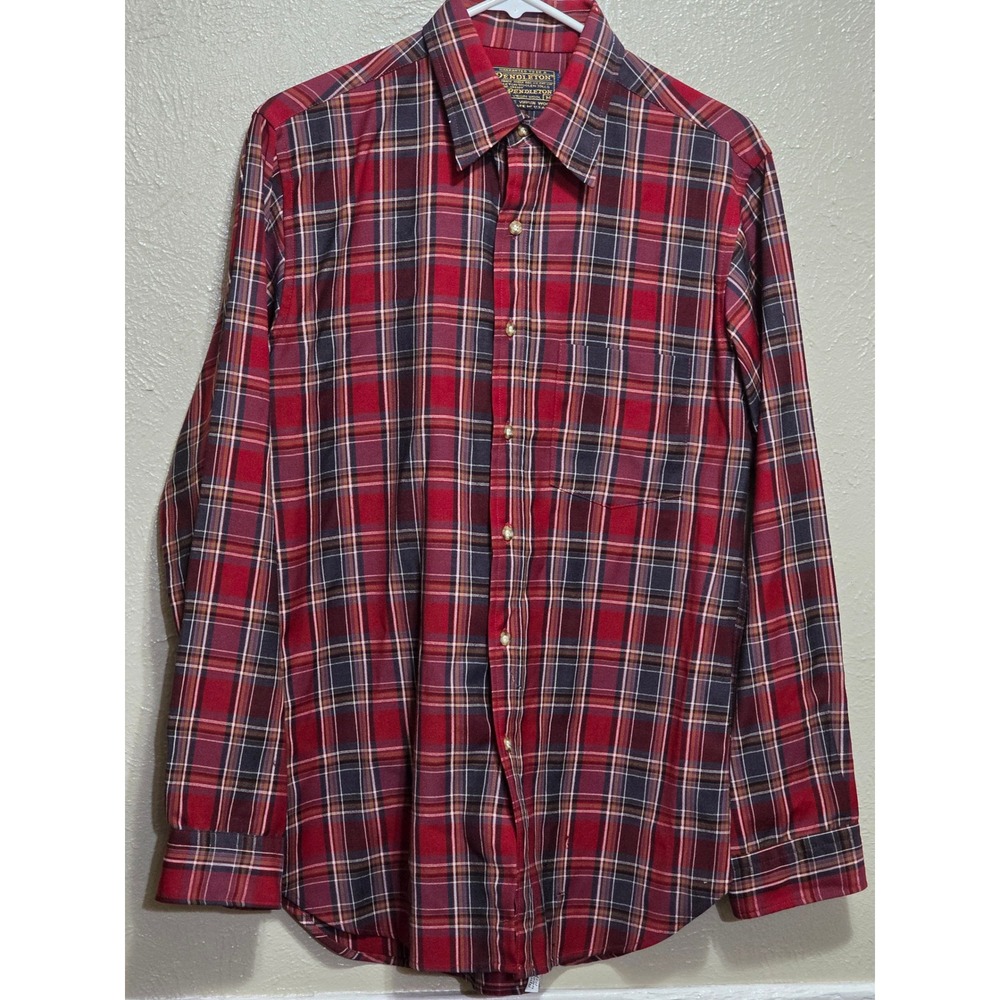 Vintage Pendleton Wool Plaid Shirt Mens Medium Red Navy Blue USA Made Sir M